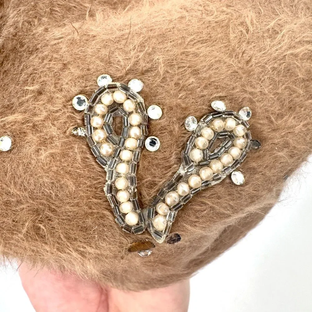 VEEDA LOUISA Tan Beige Vintage Bejeweled Beret Hat